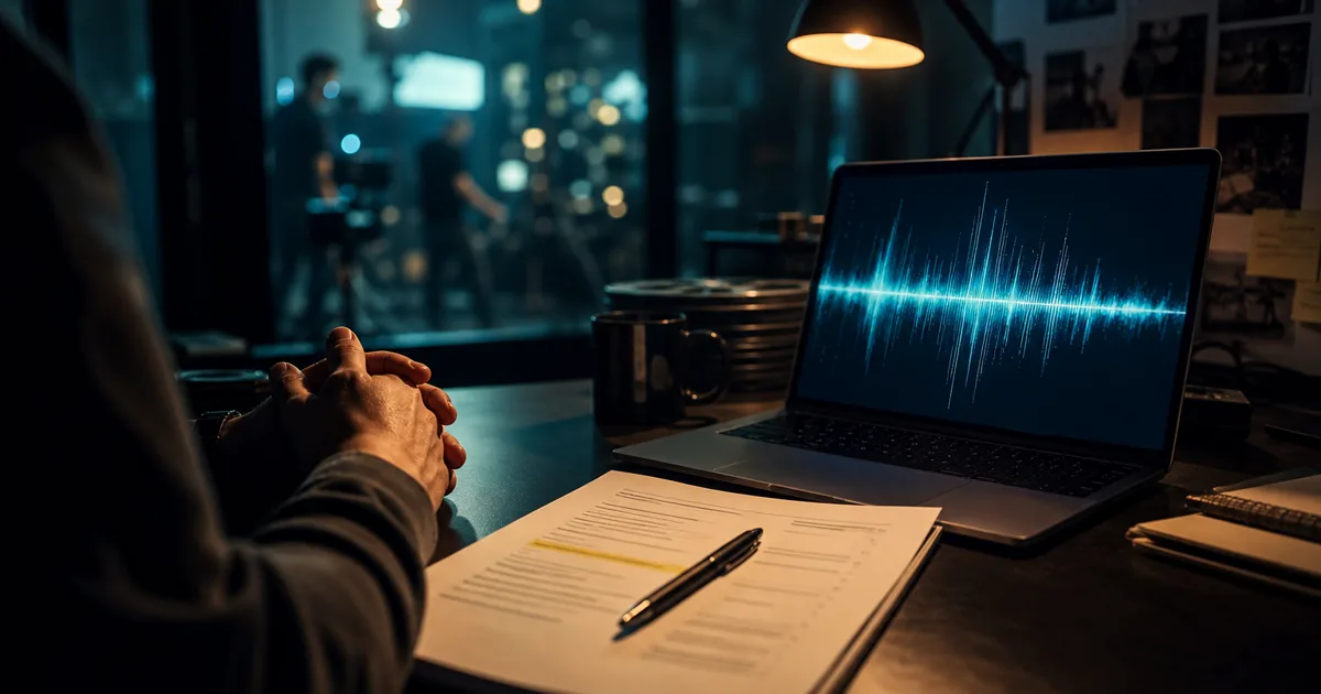 A film producer at a desk staring at a delivery checklist, one line highlighted, a laptop showing an audio waveform