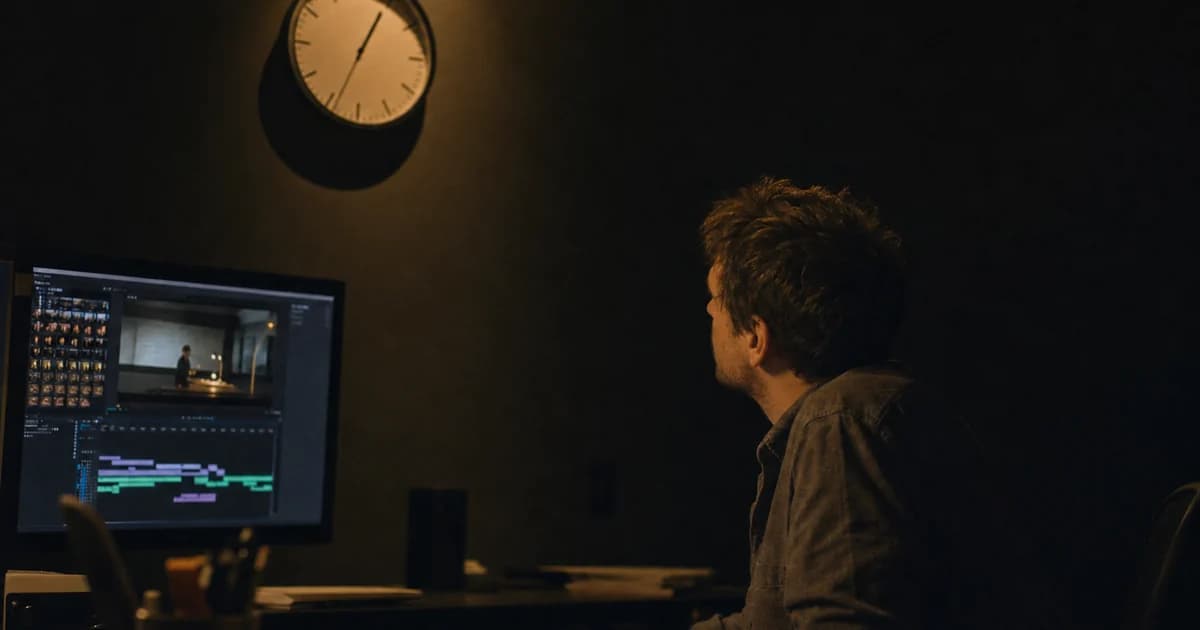 An editor glancing at a wall clock in a dim edit suite, timeline software glowing on the monitor