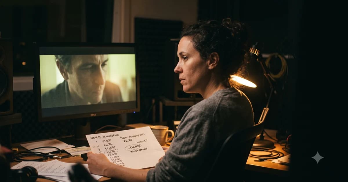 A music supervisor reviewing a film scene and a licensing quote in a warm edit suite at night