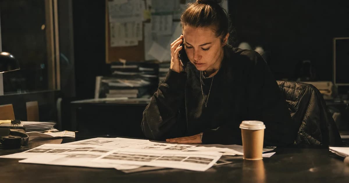 A producer on the phone in a production office at night, a clearance checklist and shot list spread on the desk