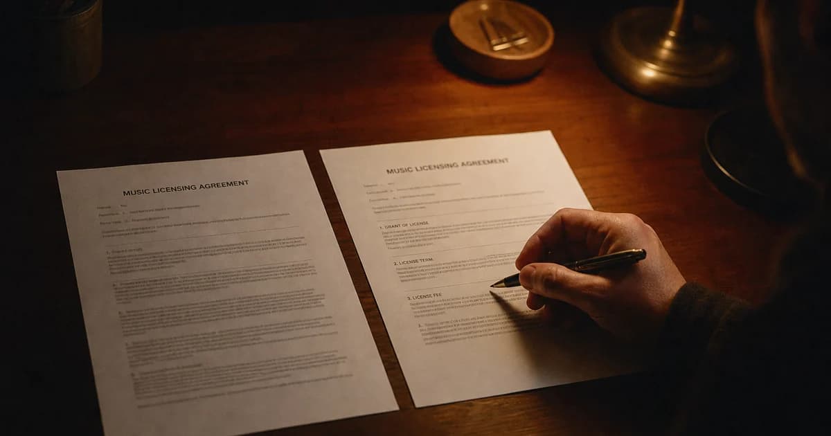 Two contracts side by side on a desk under warm lamplight, a hand comparing them with a pen