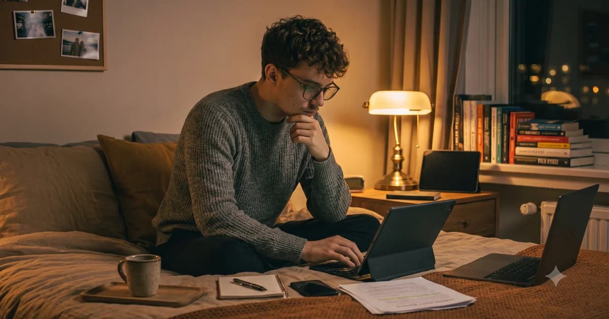 A filmmaker editing a short film late at night with a music app open on the phone beside the keyboard