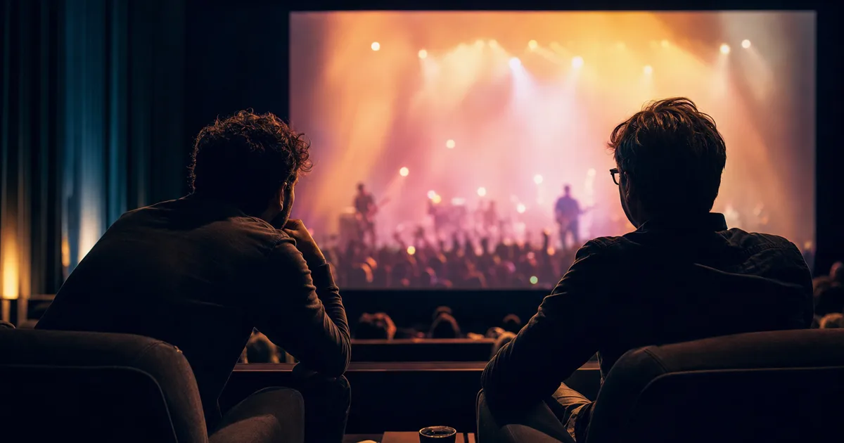 A director and producer in a dark screening room reacting to a scene on the screen, one leaning forward