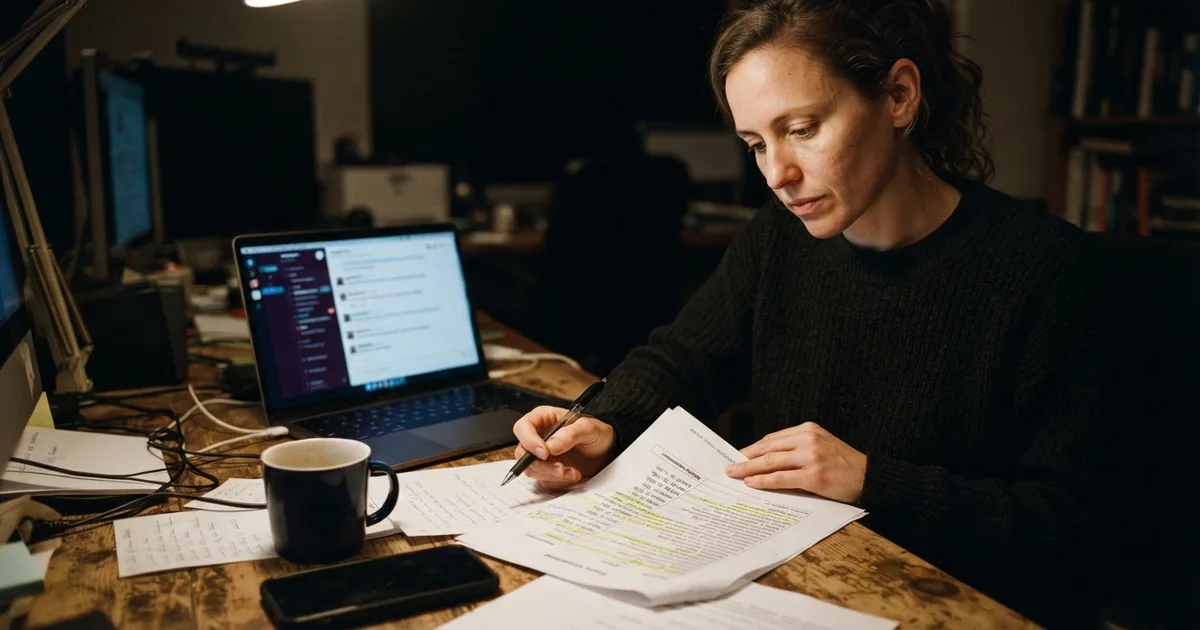 A music supervisor at a desk at night cross-checking songwriter shares on a printed registry sheet, a blurred AI chat answer glowing on the laptop beside it