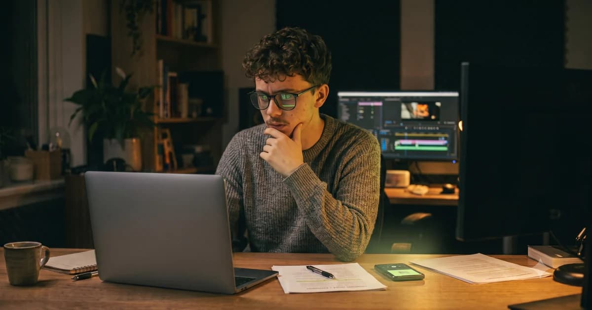 A YouTuber reviewing a flagged video upload at a warm home edit desk at night