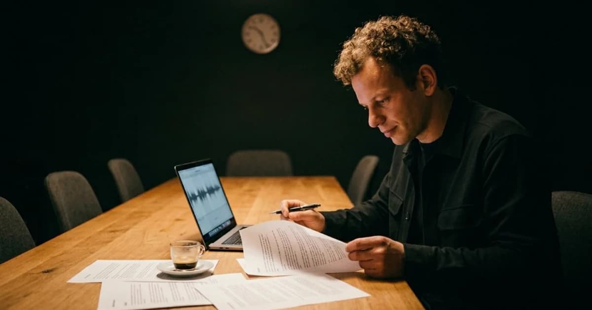 Renato Horvath at the end of a workshop table after a closed session, reading a printed contract, laptop with an audio waveform beside him